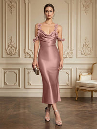 Sheath/Column Elegant Cocktail Dresses Tea-Length Satin Spaghetti Straps Cowl Neck