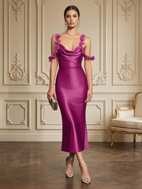 Sheath/Column Elegant Cocktail Dresses Tea-Length Satin Spaghetti Straps Cowl Neck