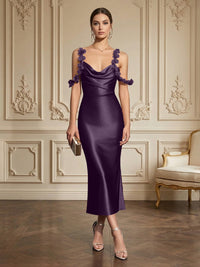 Sheath/Column Elegant Cocktail Dresses Tea-Length Satin Spaghetti Straps Cowl Neck