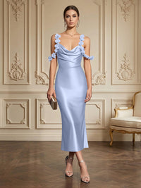 Sheath/Column Elegant Cocktail Dresses Tea-Length Satin Spaghetti Straps Cowl Neck