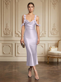 Sheath/Column Elegant Cocktail Dresses Tea-Length Satin Spaghetti Straps Cowl Neck