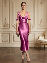 Sheath/Column Elegant Cocktail Dresses Tea-Length Satin Spaghetti Straps Cowl Neck