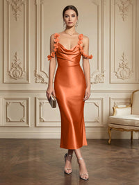 Sheath/Column Elegant Cocktail Dresses Tea-Length Satin Spaghetti Straps Cowl Neck