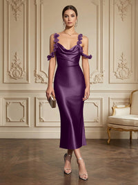 Sheath/Column Elegant Cocktail Dresses Tea-Length Satin Spaghetti Straps Cowl Neck