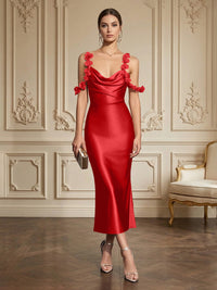 Sheath/Column Elegant Cocktail Dresses Tea-Length Satin Spaghetti Straps Cowl Neck
