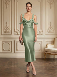 Sheath/Column Elegant Cocktail Dresses Tea-Length Satin Spaghetti Straps Cowl Neck