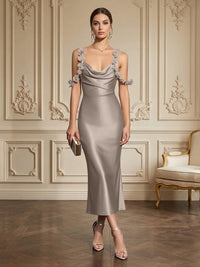 Sheath/Column Elegant Cocktail Dresses Tea-Length Satin Spaghetti Straps Cowl Neck