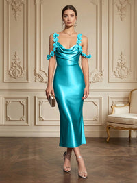 Sheath/Column Elegant Cocktail Dresses Tea-Length Satin Spaghetti Straps Cowl Neck