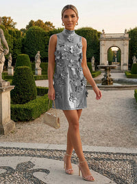 Metallic Satin High Neck Short-Length Cocktail Dresses Shift Dresses with 3D Flower