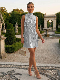 Metallic Satin High Neck Short-Length Cocktail Dresses Shift Dresses with 3D Flower