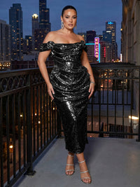 Sheath Sparkly Sequin Off Shoulder Tea-Length Cocktail Dresses with Ruched Waist