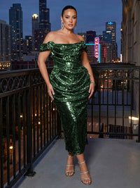 Sheath Sparkly Sequin Off Shoulder Tea-Length Cocktail Dresses with Ruched Waist