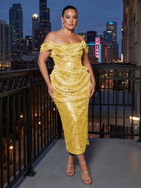 Sheath Sparkly Sequin Off Shoulder Tea-Length Cocktail Dresses with Ruched Waist