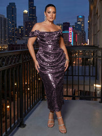 Sheath Sparkly Sequin Off Shoulder Tea-Length Cocktail Dresses with Ruched Waist