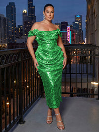 Sheath Sparkly Sequin Off Shoulder Tea-Length Cocktail Dresses with Ruched Waist