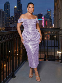 Sheath Sparkly Sequin Off Shoulder Tea-Length Cocktail Dresses with Ruched Waist