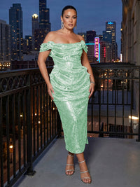 Sheath Sparkly Sequin Off Shoulder Tea-Length Cocktail Dresses with Ruched Waist