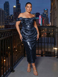 Sheath Sparkly Sequin Off Shoulder Tea-Length Cocktail Dresses with Ruched Waist
