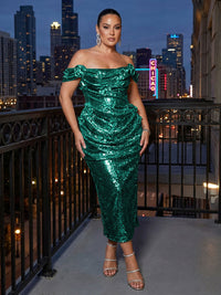 Sheath Sparkly Sequin Off Shoulder Tea-Length Cocktail Dresses with Ruched Waist