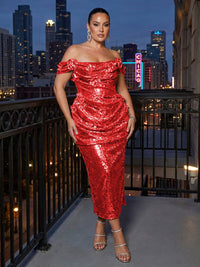 Sheath Sparkly Sequin Off Shoulder Tea-Length Cocktail Dresses with Ruched Waist