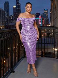 Sheath Sparkly Sequin Off Shoulder Tea-Length Cocktail Dresses with Ruched Waist
