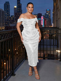 Sheath Sparkly Sequin Off Shoulder Tea-Length Cocktail Dresses with Ruched Waist