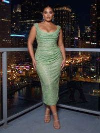 Sheath Sparkly Sequin Cowl Neck Tea-Length Cocktail Dresses with Ruched Waist