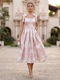 A-Line/Princess Cocktail Dresses Jacquard Square Neck Tea-Length with Bow Straps