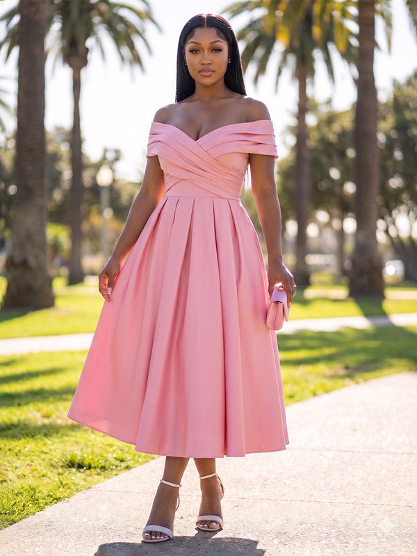 Pink Off-the-Shoulder Formal Cocktail Party Gowns 2026 for Women Elegant A-Line Midi Wedding Guest Dress