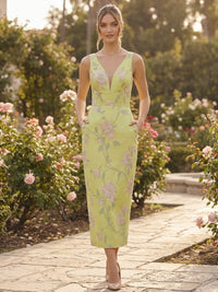 Sheath/Column Cocktail Dresses Deep V-Neck Floral Print Sleeveless