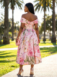 A-Line/Princess Cocktail Dresses Off Shoulder Floral Print Sleeveless Tea-Length