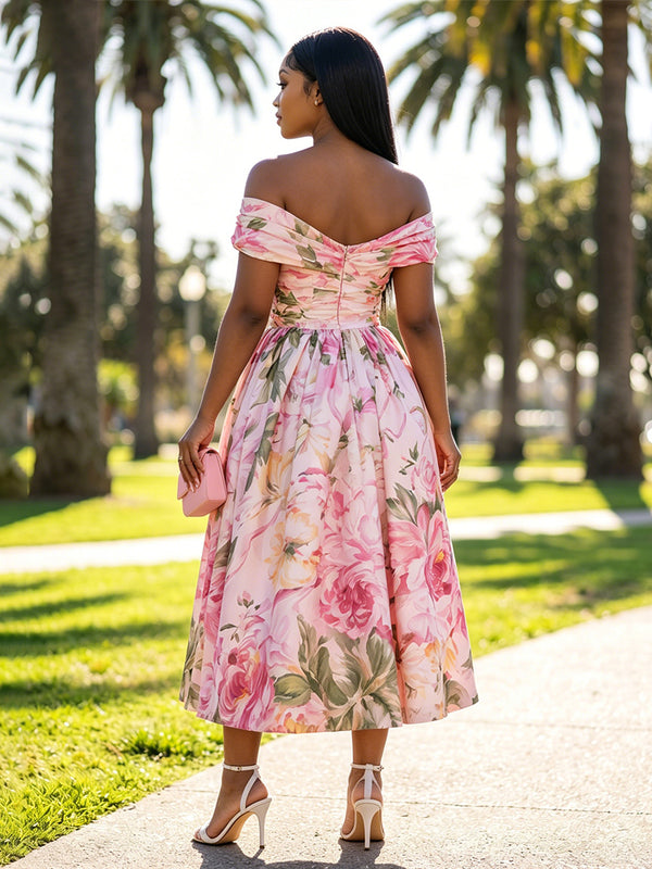 A-Line/Princess Cocktail Dresses Off Shoulder Floral Print Sleeveless Tea-Length