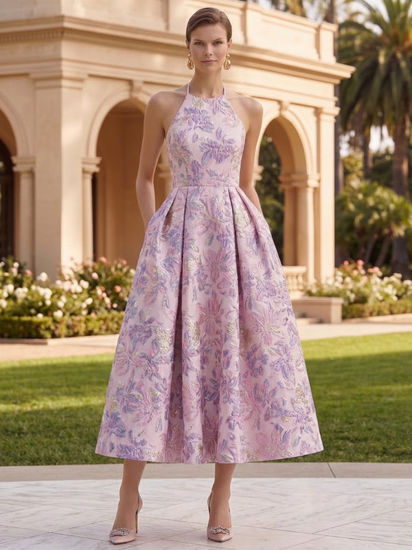 Floral Jacquard Halter Formal Cocktail Party Gowns Lavender Pink 2026 for Women Elegant A-Line Midi Wedding Guest Dress
