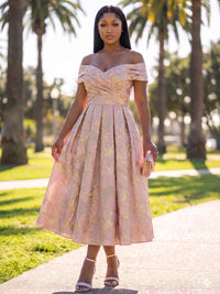 A-Line/Princess Cocktail Dresses Jacquard Off Shoulder Ruched Waist Tea-Length
