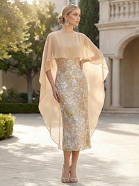 Sheath/Column Cocktail Dresses Sequin Floral Tea-Length with Chiffon Cape