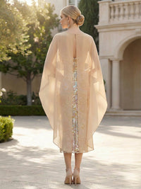 Sheath/Column Cocktail Dresses Sequin Floral Tea-Length with Chiffon Cape