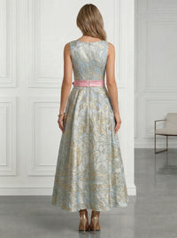 A-Line/Princess Cocktail Dresses Jacquard Floor-Length V-Neck with Bowknot Waist