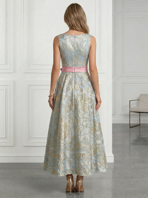 A-Line/Princess Cocktail Dresses Jacquard Floor-Length V-Neck with Bowknot Waist