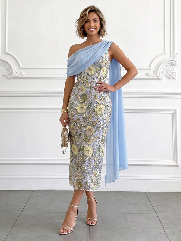 Jacquard Sheath/Column One Shoulder Tea-Length Cocktail Dresses with Ribbon
