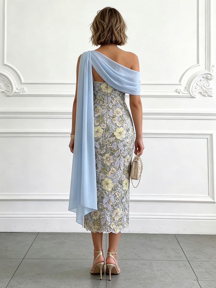 Jacquard Sheath/Column One Shoulder Tea-Length Cocktail Dresses with Ribbon