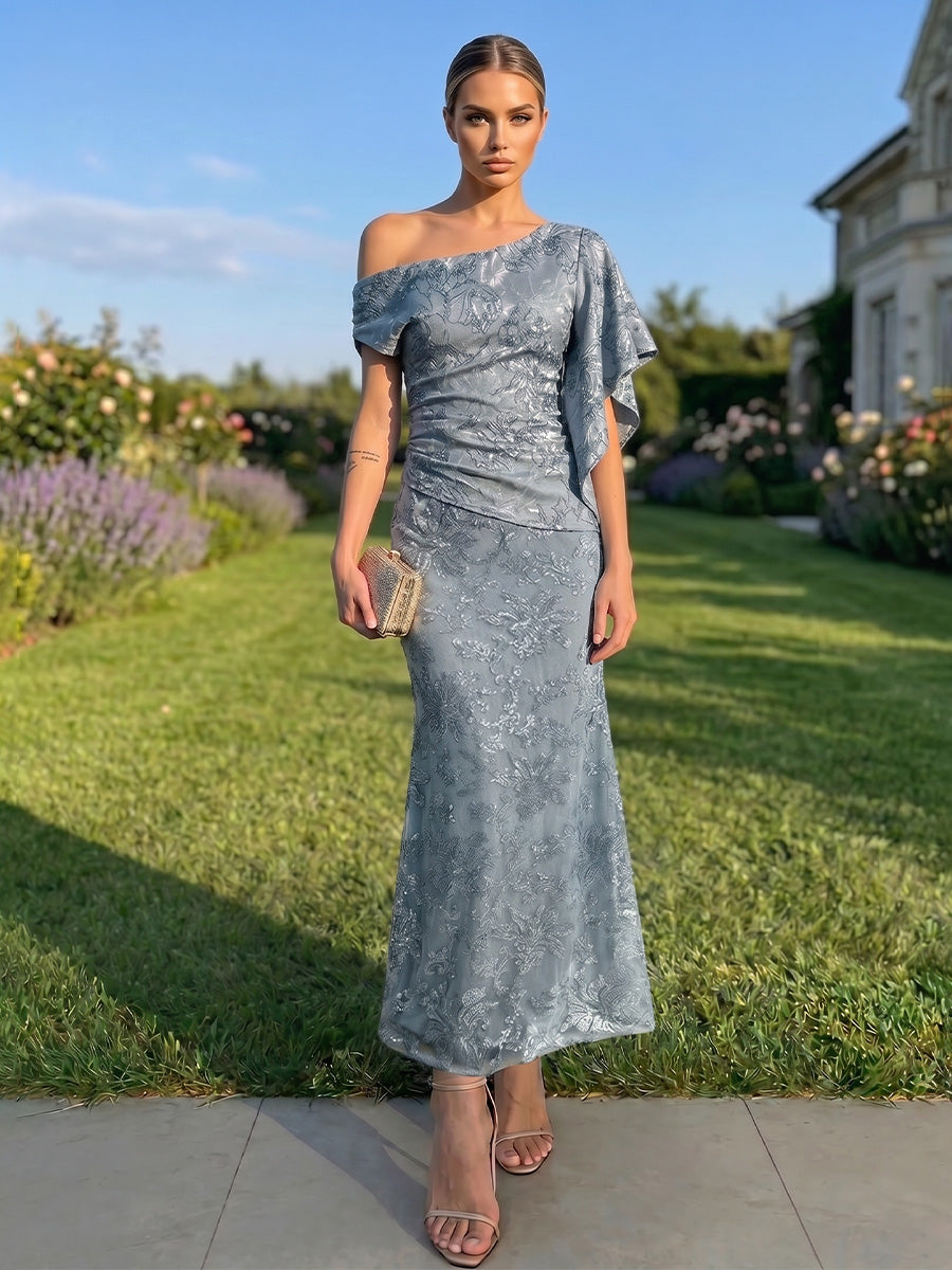 Sequin Sheath/Column Off Shoulder Tea-Length Cocktail Dresses with Ruffles