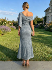 Sequin Sheath/Column Off Shoulder Tea-Length Cocktail Dresses with Ruffles