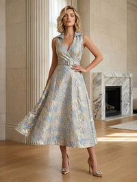 Jacquard A-Line/Princess V-Neck Tea-Length Cocktail Dresses with Belt