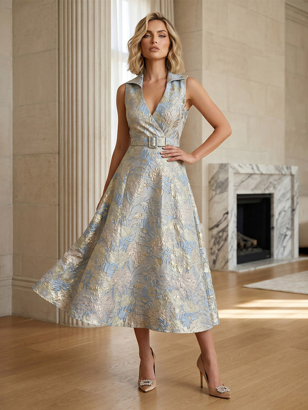 Jacquard A-Line/Princess V-Neck Tea-Length Cocktail Dresses with Belt