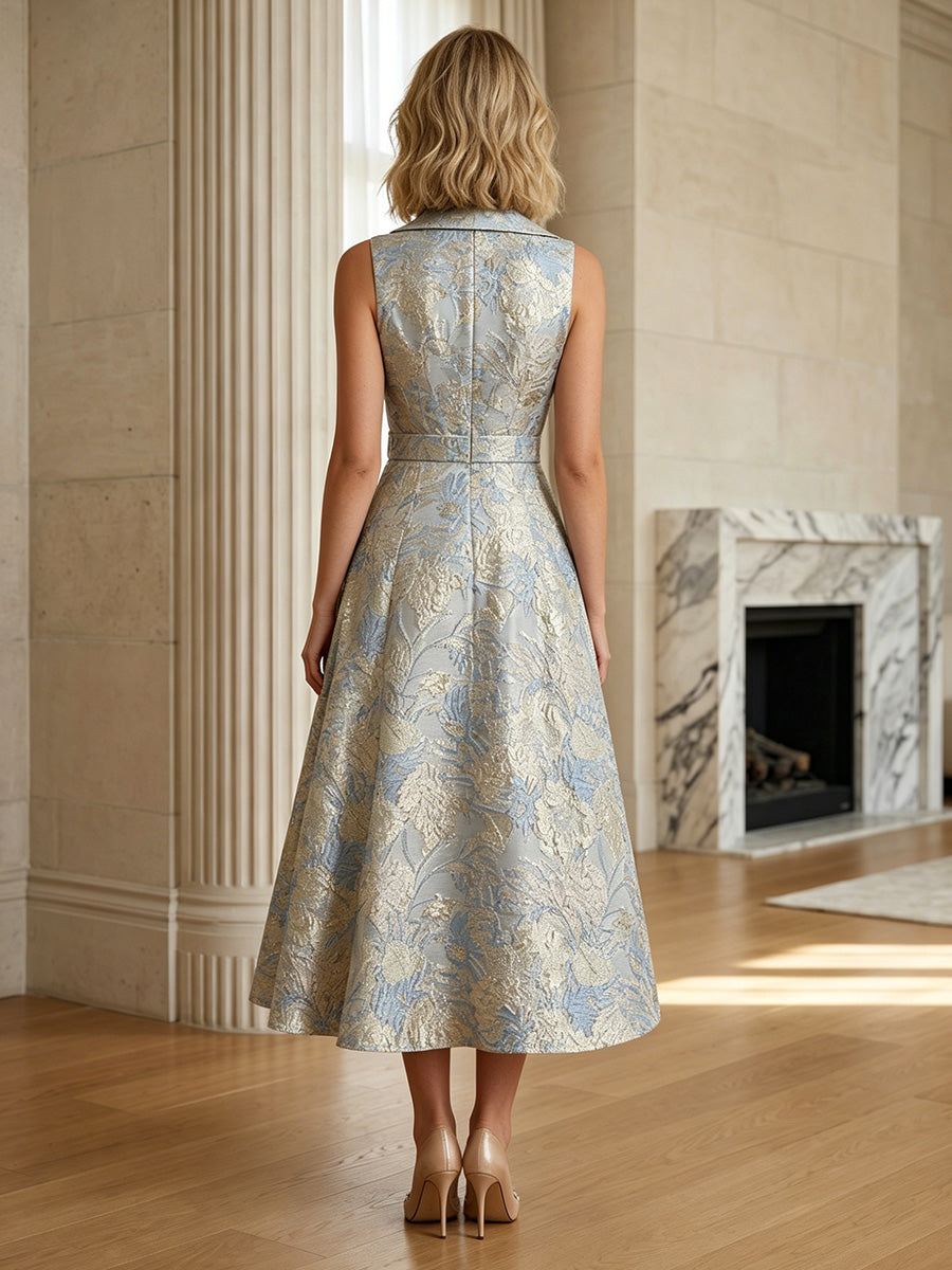 Jacquard A-Line/Princess V-Neck Tea-Length Cocktail Dresses with Belt