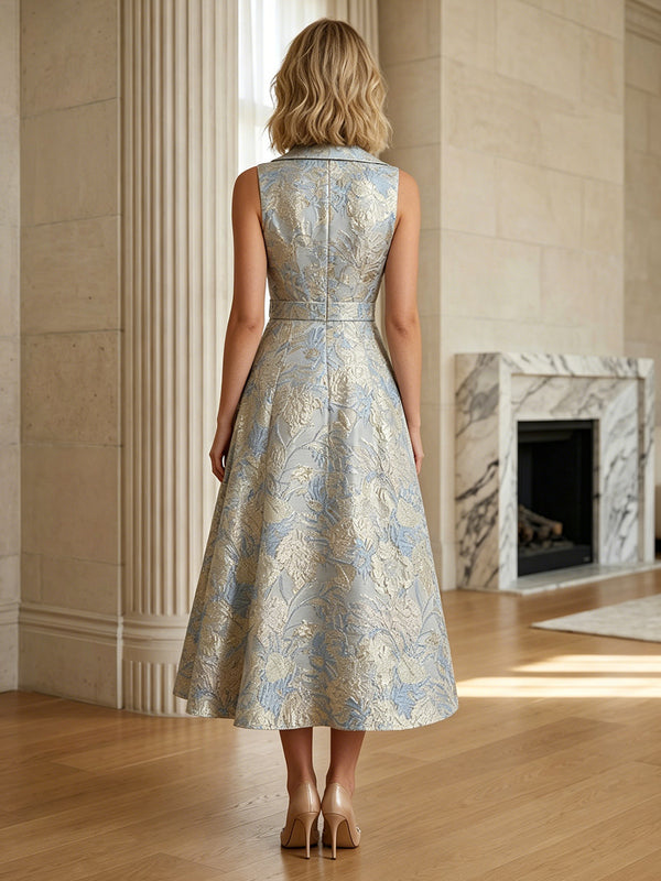 Jacquard A-Line/Princess V-Neck Tea-Length Cocktail Dresses with Belt