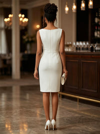 Satin Sheath/Column Scoop Neck Tea-Length Cocktail Dresses with Ruffles