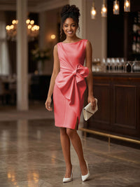 Satin Sheath/Column Scoop Neck Tea-Length Cocktail Dresses with Ruffles