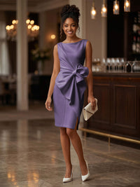 Satin Sheath/Column Scoop Neck Tea-Length Cocktail Dresses with Ruffles