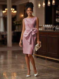 Satin Sheath/Column Scoop Neck Tea-Length Cocktail Dresses with Ruffles